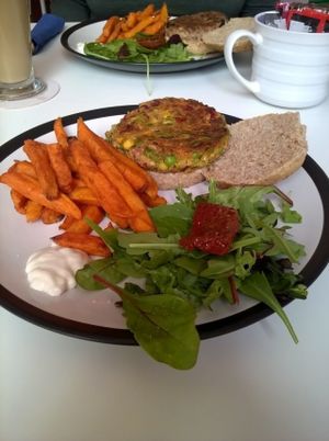 Veggie and quinoa burger with sweet potato fries and salad at Roots Cafe in South Shields
