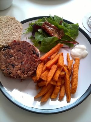 Bean and walnut burger with sweet potato fries and salad at Roots Cafe in South Shields