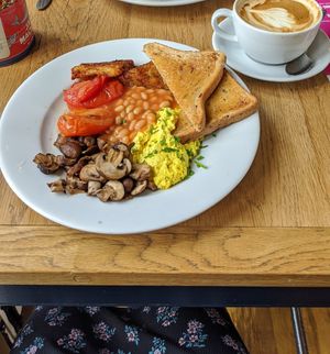 Vegan breakfast and soya caramel latte at Boston Tea Party - Stratford-Upon-Avon in Stratford-upon-avon