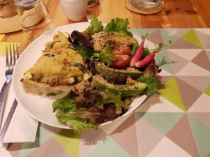 Potato leek pie w side salad. Recommended. Large portions and olives are given. at Le Speakeasy in Nice