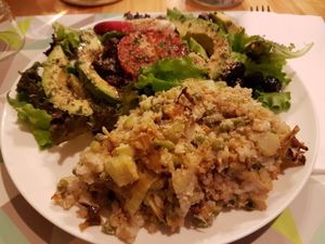 Rice w peas. Tamari/nutritional yeast/ olive oil/ apple cider and cayenne pepper provided for add ons. at Le Speakeasy in Nice