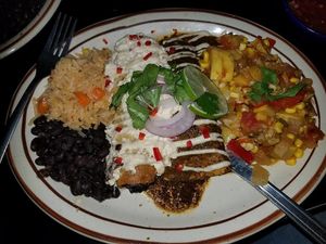 Their 2017 Asheville Plant-Based Face-Off Challenge entry. 

Cauliflower and No Evil Food Seitan Enchilada covered in a Chile De Arbol sauce and a cashew crema and a candy roasted pumpkin taquito covered in a vegan queso, all served with rice, black beans and calabacitas! at Zia Taqueria in Asheville