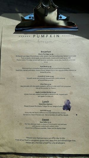 menu at Pumpkin Brown in Edinburgh