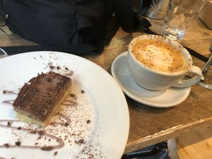 Millionaire bar (raw) - yummy.  With oat milk cappuccino  at Pumpkin Brown in Edinburgh