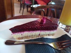 Vegan 'cheesecake' based on nuts (probably cashews) at Kavarna Zvon in Izola