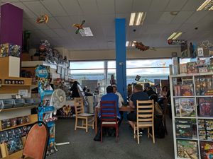 Cafe area, shop and seating at The Dice Cup in Nottingham