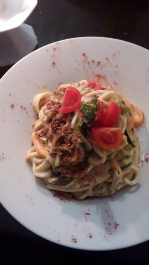 Zucchini Spaghetti with sweet potato sauce and vegan cheese at Estudio Vegetariano in Lagos