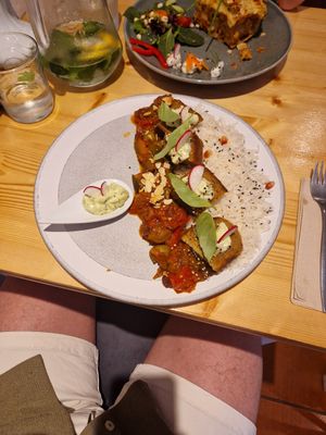 Seitan medallions with caponata, rice and basil mayonnaise at Estudio Vegetariano in Lagos