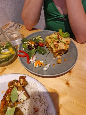Bolognese lasagne with garlic Aeoli and salad at Estudio Vegetariano in Lagos