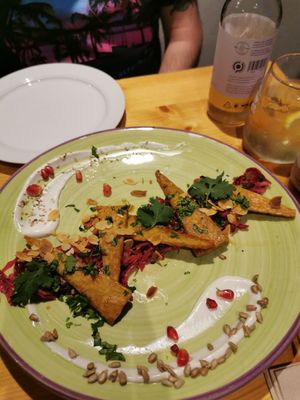 Fried tempeh with pomegranate at Estudio Vegetariano in Lagos