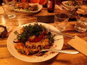 Peppers stuffed with vegan bolognaise, rice and "mojo-rojo" sauce. at Estudio Vegetariano in Lagos