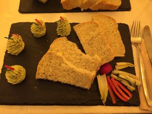 Cashew cream starter and homemade bread  at Estudio Vegetariano in Lagos