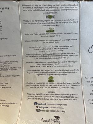 Menu 28/08/2023  at Coconut Monkey in Koh Tao