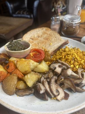 The vegan breakfast, pesto, toast, tofu scramble, dry mushrooms lol, tomato and roasted veggies   at Coconut Monkey in Koh Tao