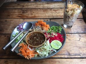 Buddha bowl and overnight oats with banana and peanut butter salted caramel at Coconut Monkey in Koh Tao