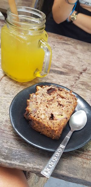 Vegan chocolate banana bread and a passion fruit kombucha at Coconut Monkey in Koh Tao