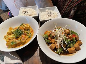 Red Thai curry and teriyaki tofu  at The Vegan Temple by Prasada in Cusco