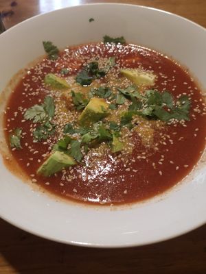 Tomato soup at The Vegan Temple by Prasada in Cusco