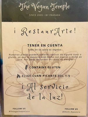 Menu cover  at The Vegan Temple by Prasada in Cusco