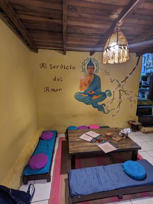 Low seating, take your shoes off at the door. A few board games available. at The Vegan Temple by Prasada in Cusco
