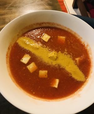 Aztec soup with vegan cheese and tofu at The Vegan Temple by Prasada in Cusco