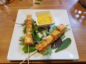 Tofu skewers, delicious ! at The Vegan Temple by Prasada in Cusco