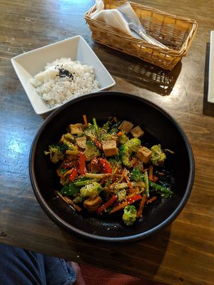 Teriyaki tofu with rice at The Vegan Temple by Prasada in Cusco