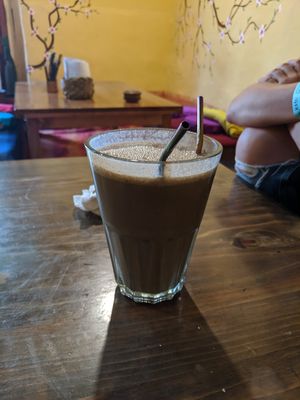 Choc banana peanut butter smoothie. 1L for 15soles at The Vegan Temple by Prasada in Cusco