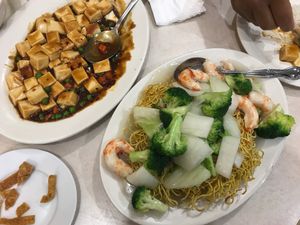 Left; Mapo Tofu. Right; Shrimp Pan Fried Noodles (must try!) at Veggie Express in Frisco