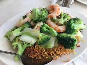 One of the best we've ever had anywhere. It's our favorite Shrimp Pan Fried Noodles. Perfectly crisp vegan egg noodle with delicious light sauce. Five stars! at Veggie Express in Frisco