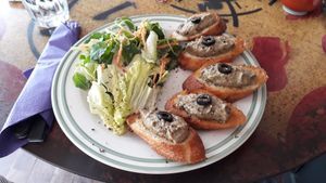 Aubergine caviar bruschetta at Novelty Cafe in Luang Prabang
