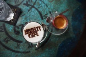 Vegan cappuchino with soy milk  at Novelty Cafe in Luang Prabang