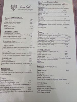 Food side of the menu for reference at Saudade in Sintra