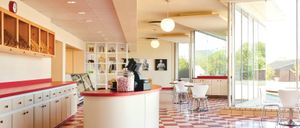 Fun retro decor in a 1940,s car dealership building with an amazing view of the state capitol building.   at Dempsey Bakery in Little Rock