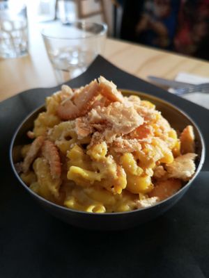 mac and cheese, for some reason with cookies... at Bar Vegandale in Toronto