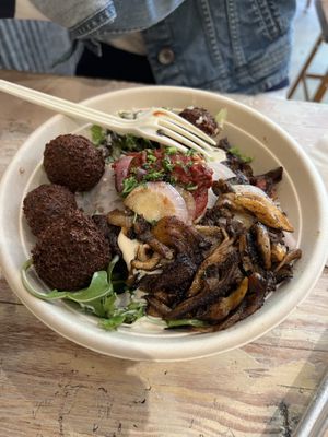 Shouk Burger Bowl with Falafels and Mushroom Shawarma   at Shouk in Washington