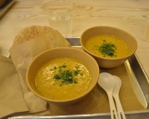 Soup of the day (lentil soup) and plain pita (delicious) at Shouk in Washington