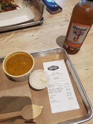 Lentil soup with Peach tea at Shouk in Washington