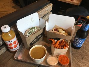 Yummy pitas, sweet potato fries, and lentil soup! at Shouk in Washington