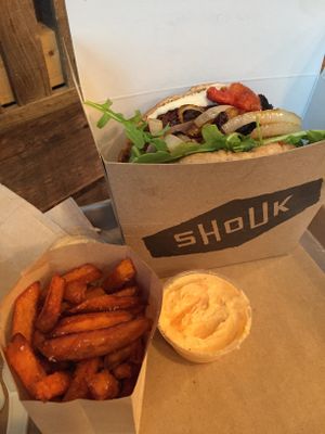 Shoukburger pita and sweet potato fries  at Shouk in Washington