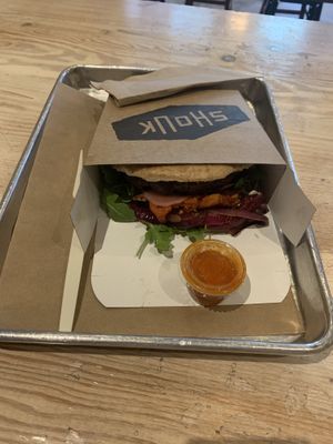 Main burger in a pitta   at Shouk in Washington