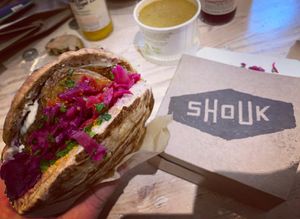 Eggplant Burger, Red Lentil Soup, Cardamom Cookie at Shouk in Washington