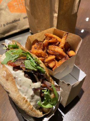 Shouk burger and sweet potato fries at Shouk in Washington