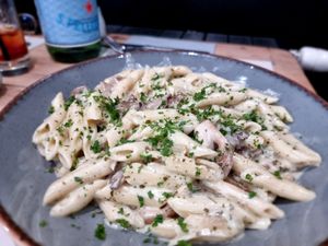 penne with cream sauce and mushrooms at Brasserie Forestiere in Bruges