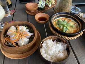 Red curry, spring rolls, some sushi and the amazing pineapple mint shake!  at Anh Dao in Berlin