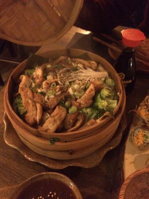 Steamed udon noodle dish with tofu and veggies. at Anh Dao in Berlin