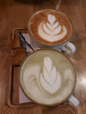 Chai latte + matcha latte (with plant-based milk) at The Happiness Cafe  in Eindhoven
