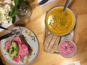 Winter 2019, hummus & avocado bread and soup  at The Happiness Cafe  in Eindhoven