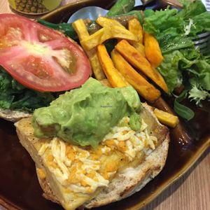 Avocado chicken burger with okra salad at Veggle Cafe in Kowloon