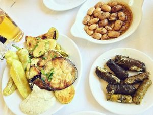 Grilled Veggies, Baked Beans, Stuffed Grape Leaves at TO Limani in Thasos
